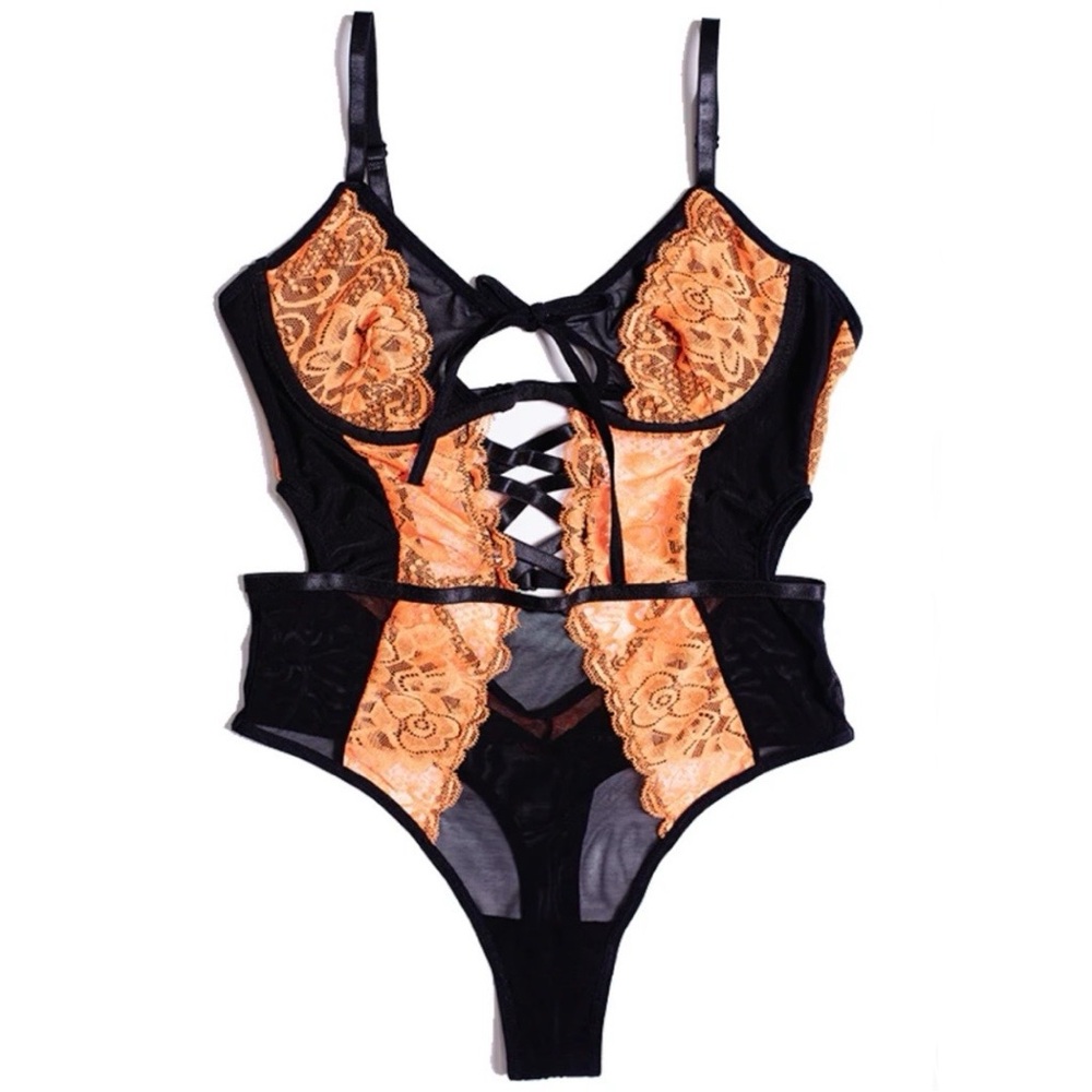 Knotty Knickers A Very Sexy Nightmare Orange and Black Lace Bodysuit